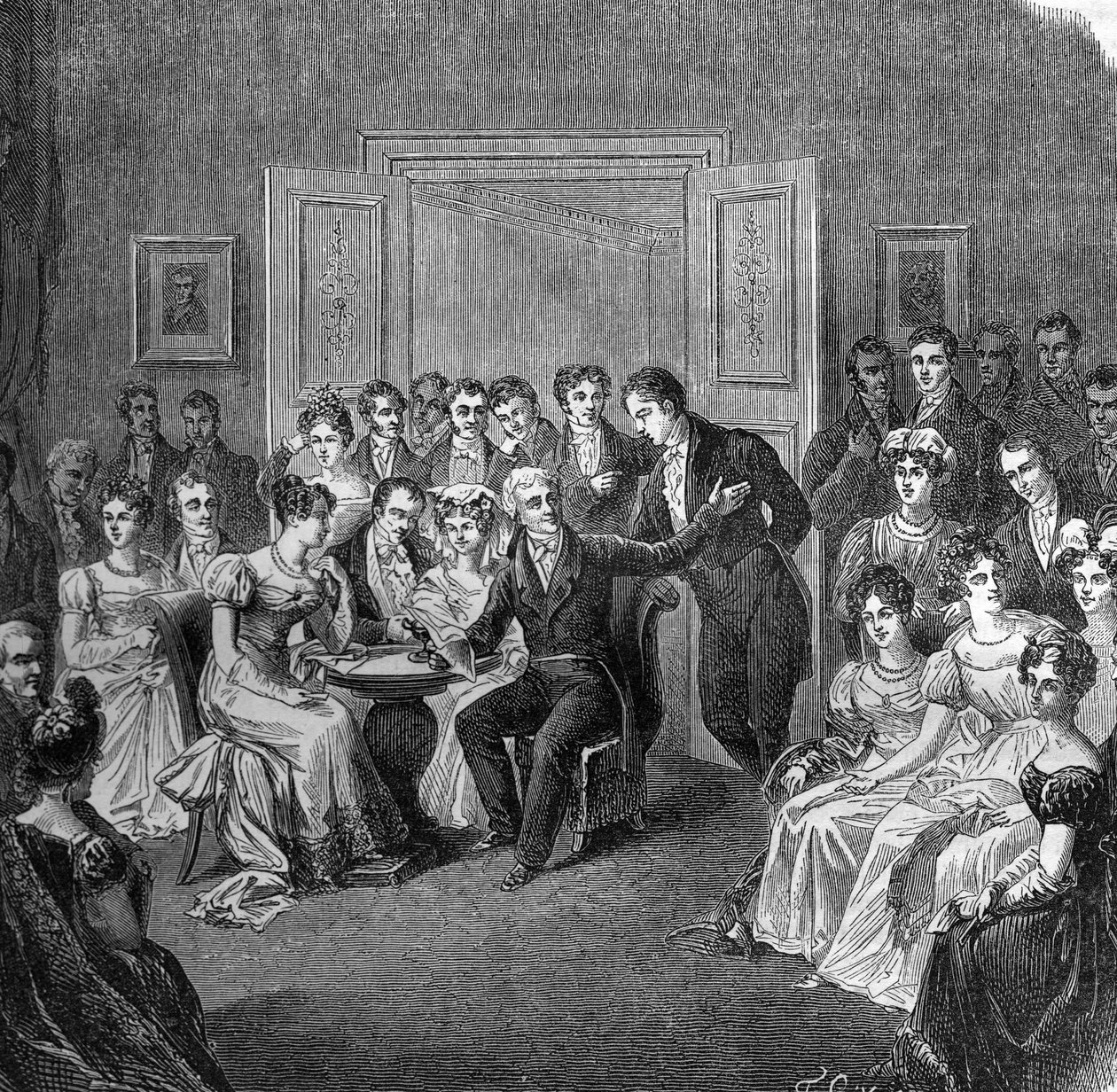 Literarischer Salon im 19. Jahrhundert: François Auguste Parceval de Grandmaison (Parceval Grandmaison, Parceval-Grandmaison) (1759-1834) liest Verse aus seinem Gedicht „Philippe Auguste“ in einem Salon des alten Hotels in Larochefoucauld im Jahr 1824. Gra von French School