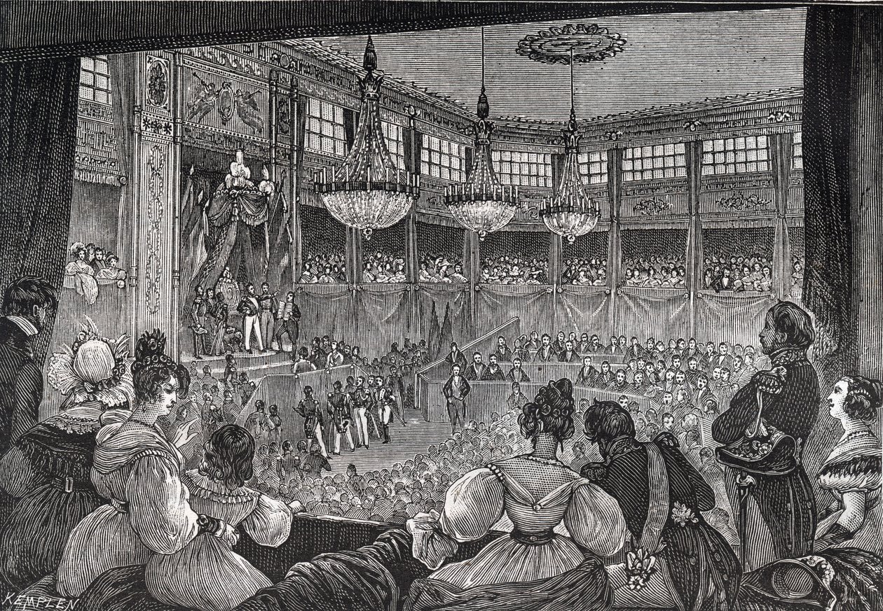 Louis-Philippe I. wird am 9. August 1830 vor der Abgeordnetenkammer als König vereidigt - Revolution von 1830: „König Louis Philippe I. (1773-1850) schwört, die Charta von 1830 in Anwesenheit der versammelten Kammern im provisorischen Saal des Palais zu wa von French School