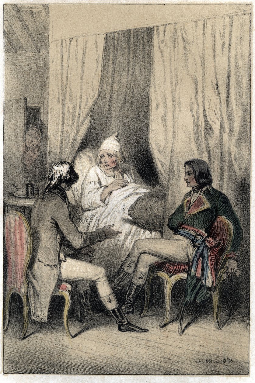 Louis Antoine Fauvelet de Bourienne (1769-1834), französischer Diplomat und Verwalter, und General Napoleon Bonaparte (1769-1821) bitten einen kranken alten Kapitalisten um Geld für den Italienfeldzug. Platte aus „Scenes de la vie des hommes famous“ Gravur von French School