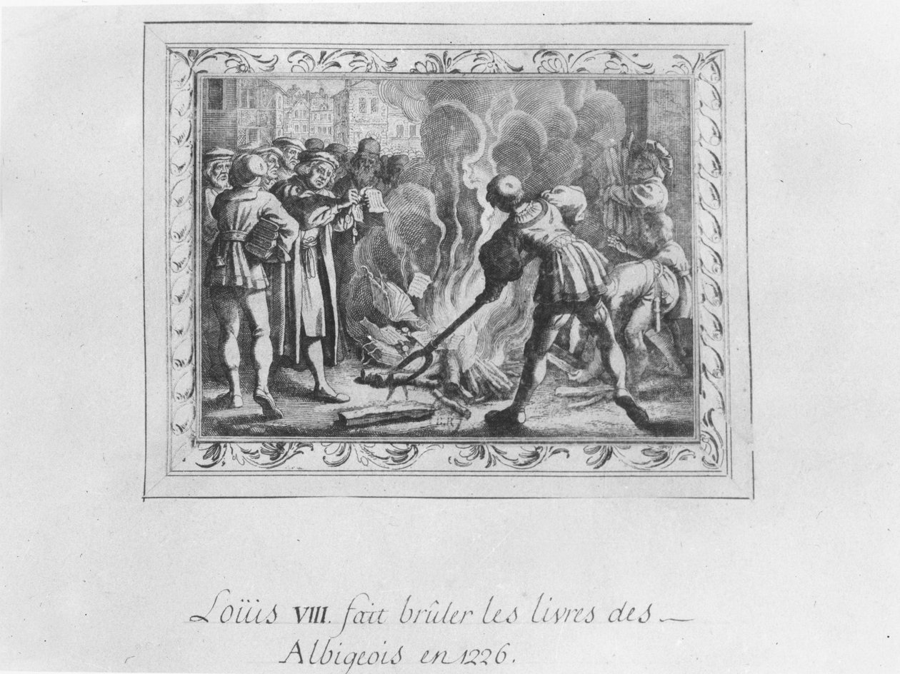 Ludwig VIII. verbrennt die Bücher der Albigenser im Jahr 1226 (Gravur) von French School