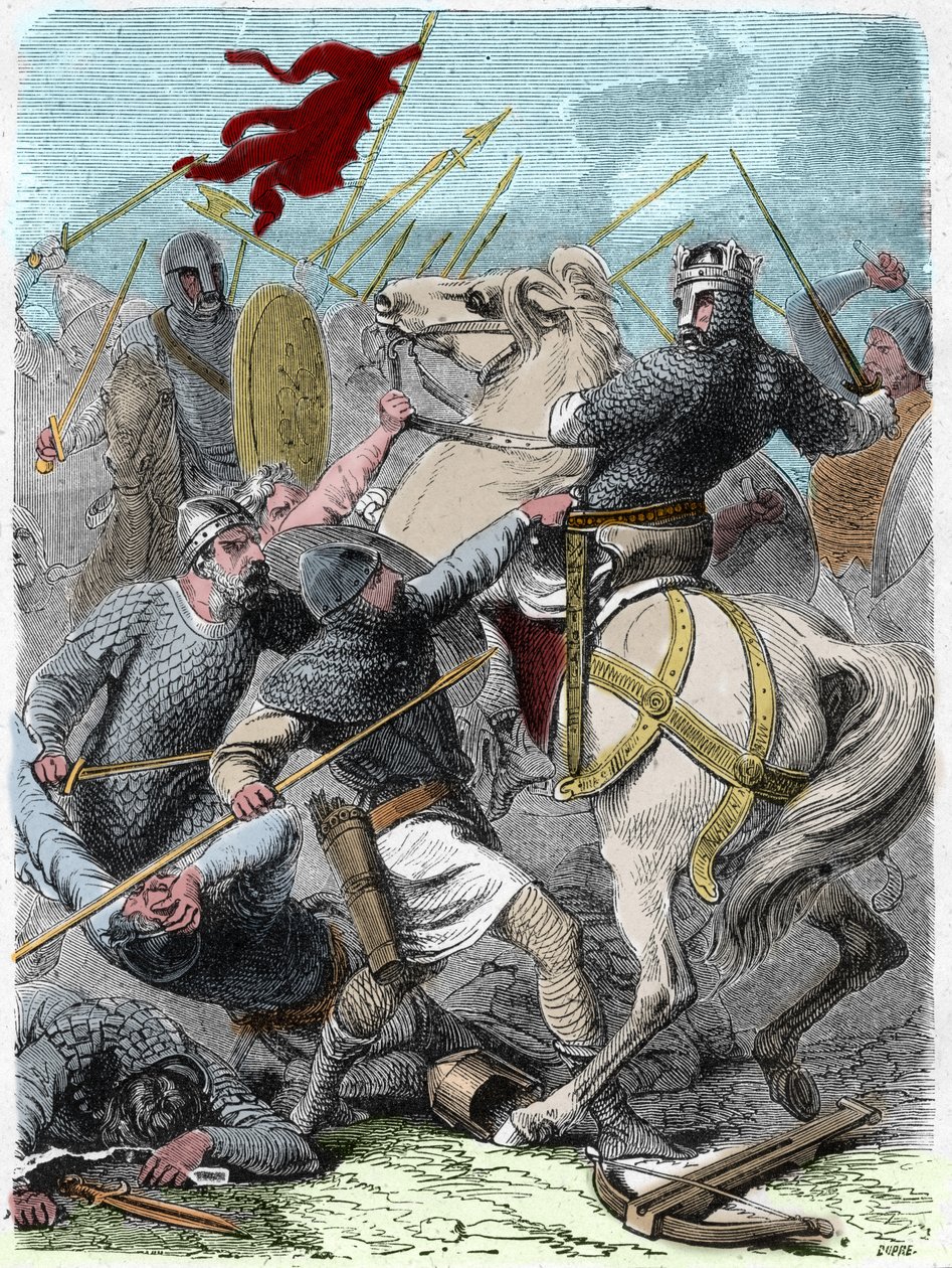 Ludwig VI genannt „Der Dicke“ (1081 - 1137), in der Schlacht von Brenneville, versuchte 1119, die Normandie von König Heinrich I. von England zu erobern. Gravur in „Histoire De France En Cent Tableaux“ von Paul Lehugeur 1891 von French School