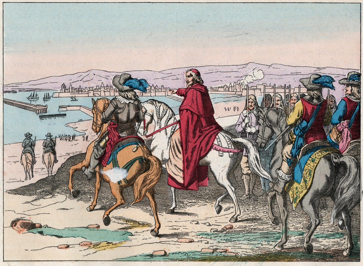Ludwig XIII. (1601-1643) und Kardinal Richelieu bei der Belagerung von La Rochelle, Platz der Protestanten im Oktober 1628 - Gravur Ende des 19. Jahrhunderts von French School