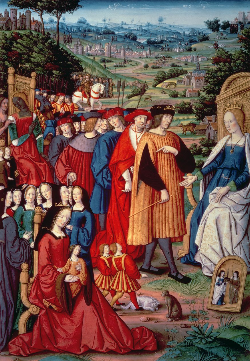 Ludwig XII., Kardinal Georges von Amboise (1462-1515), Anne von Bretagne und Claude von Frankreich, aus Remedies and Fortunes von Petrarca, 1503 von French School