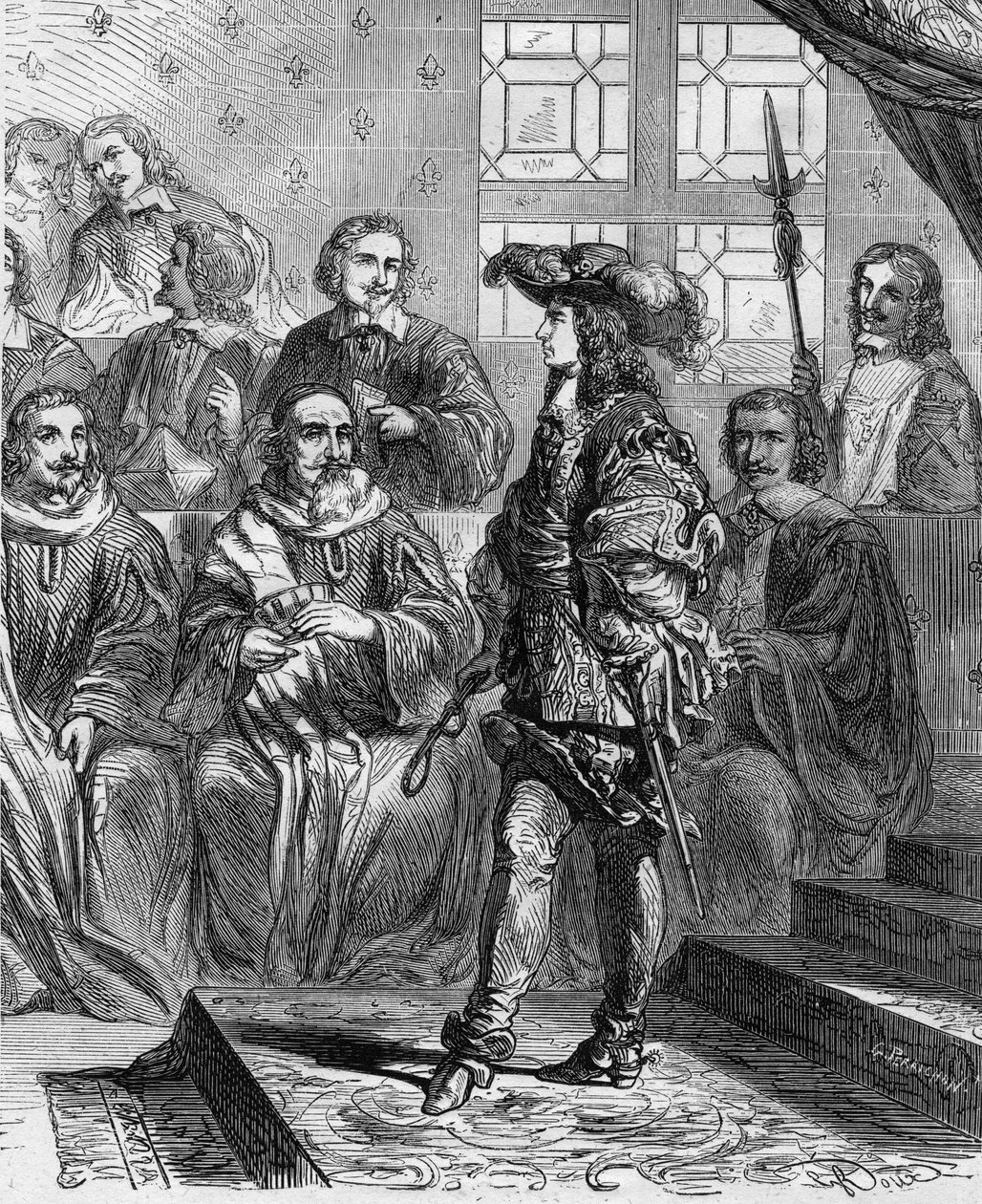 Ludwig XIV. (1638-1715) war 1652 im Alter von 17 Jahren vor dem Parlament und zwang den Präsidenten, die Versammlung aufzulösen. Gravur in "Histoire De France En Cent Paintings" von Paul Lehugeur 1891 von French School