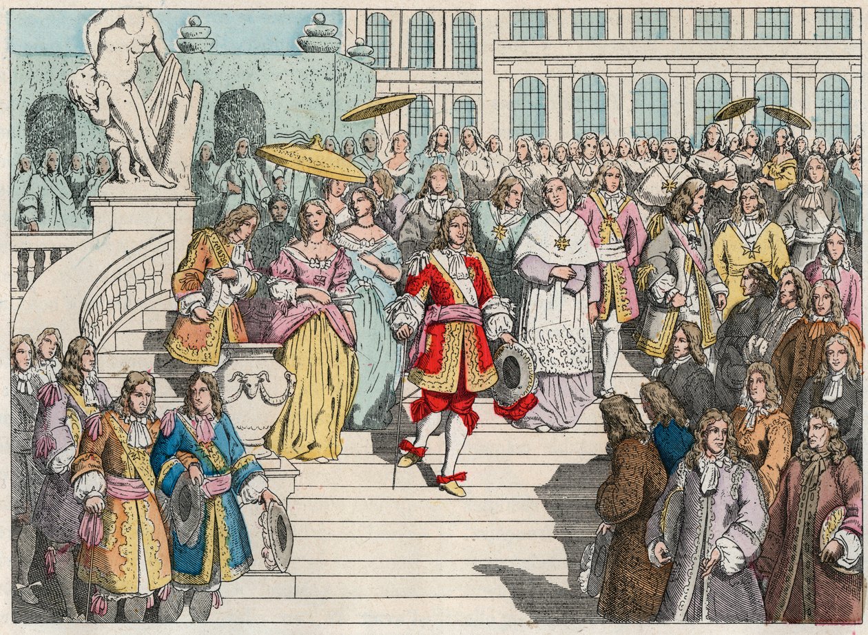 Ludwig XIV. und sein Hof in Versailles - Ludwig XIV. von Frankreich und sein Hof in Versailles - Gravur aus dem Ende des 19. Jahrhunderts in „Nos Gires Nationales - Bilder und Erzählungen“. von French School