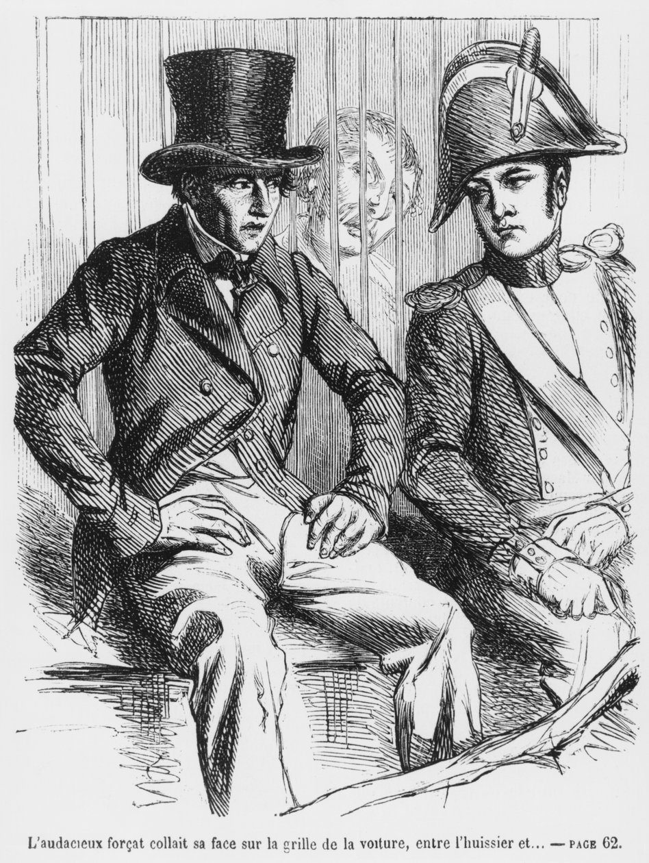 Lucien de Rubempré und Vautrin verhaftet, Illustration aus Splendeurs et Misères des Courtisanes von Honoré de Balzac, veröffentlicht 1867 von French School