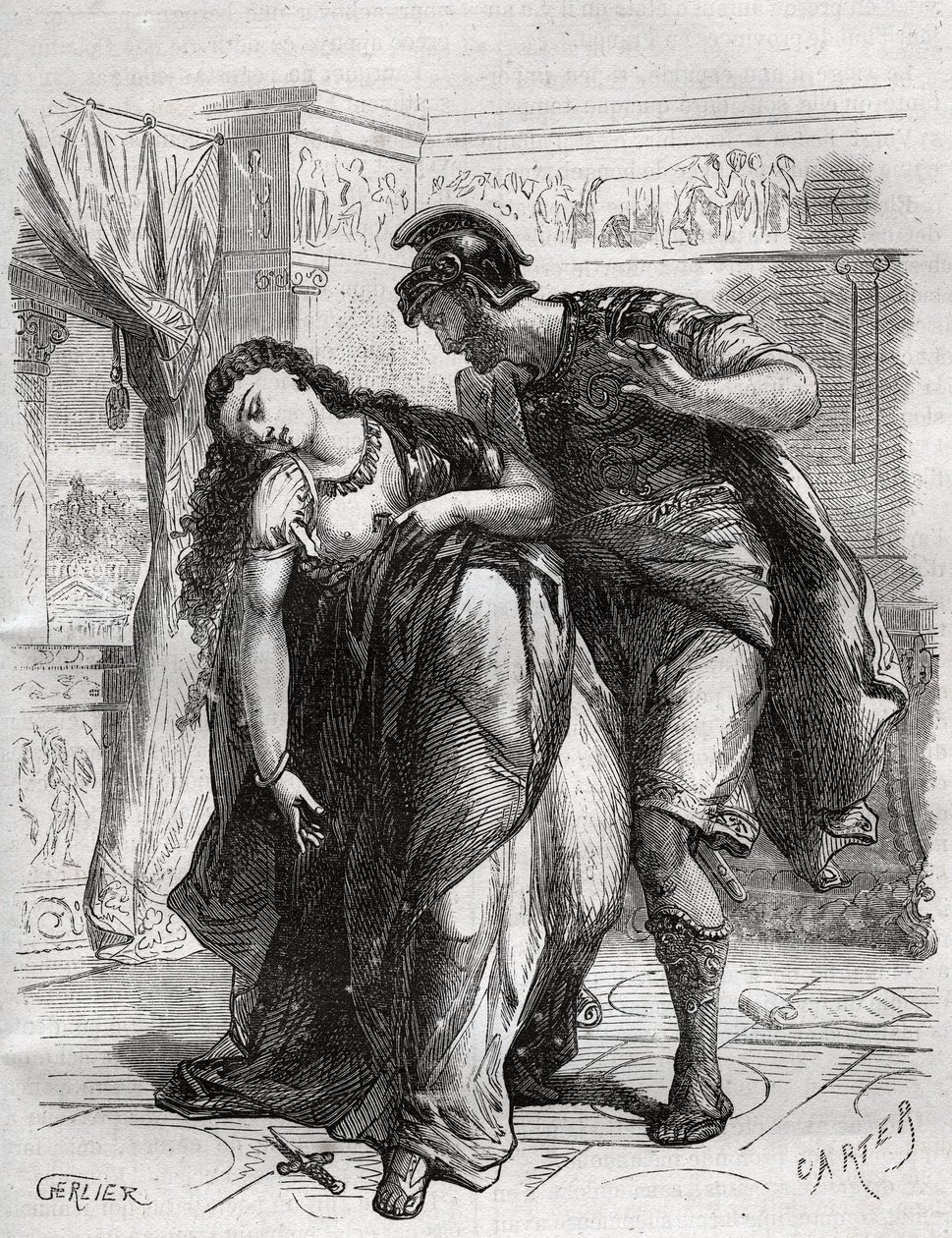 Der Tod von Lucrece: Lucrece (Lucrezia, Lucretia, römische Dame des 6. Jahrhunderts v. Chr.) war das Opfer von Gewalt durch ihren Cousin Sextus Tarquin, den Sohn von Tarquin dem Stolzen. Sie beging Selbstmord vor ihrem Ehemann, Lucius Tarquinius Collatinus von French School