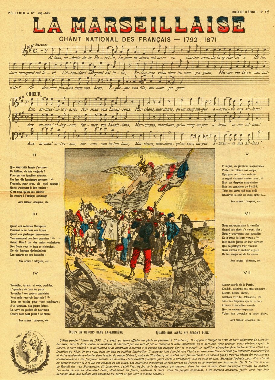 Text und Musik der Marseillaise, der französischen Hymne, komponiert von Rouget de Lisle von French School