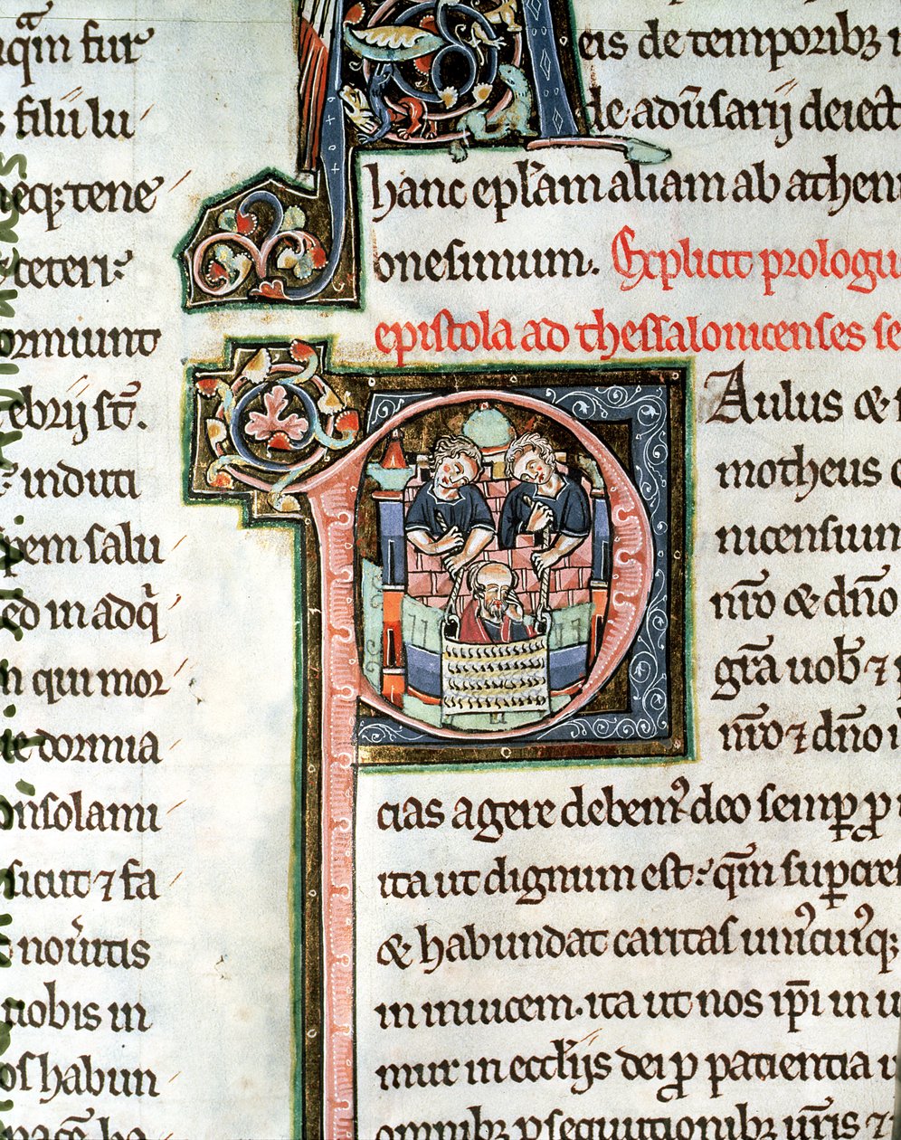 MS 3 Fol. 291v Die Flucht des Heiligen Paulus aus Damaskus, illuminierter Initialbuchstabe P, 13. Jahrhundert, aus der Avranches-Bibel von French School