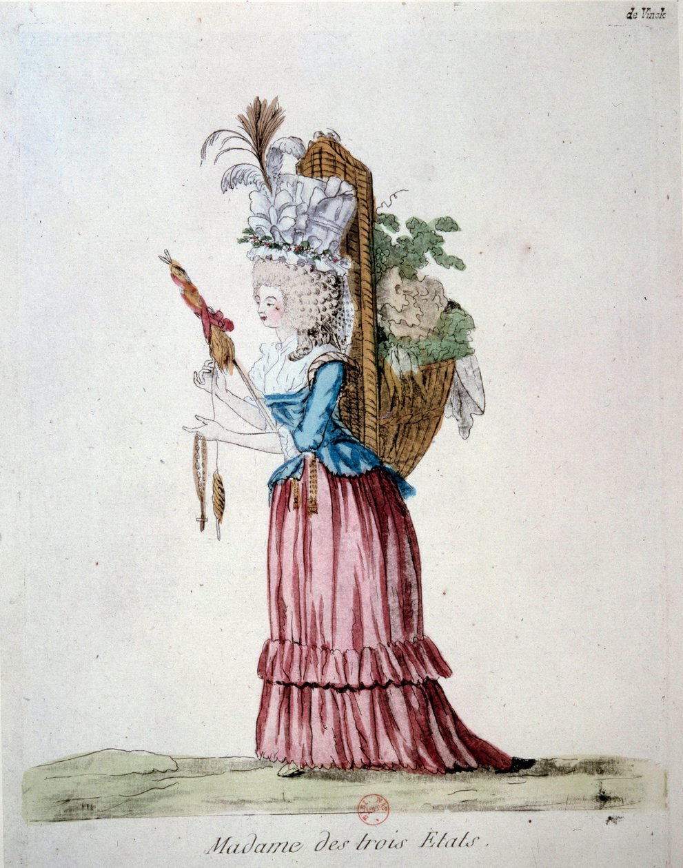 Madame der drei Stände Eine Frau, die elegant gekleidet ist und einen Korb mit Früchten und Gemüse trägt, der die drei Stände zur Zeit der Französischen Revolution darstellt. Gravur von 1789. Bibliothek des Arsenal, Paris von French School