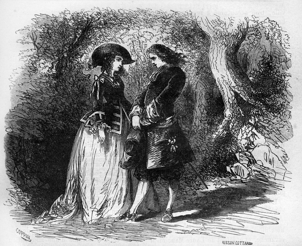 Mademoiselle de Pons traf ihren jungen Liebhaber Malicorne um 1653. Gravur in „Die Geschichte der Prostitution und Ausschweifung unter allen Völkern der Welt von der Antike bis zur Gegenwart“ von Dr. Th. -F. Debray. 1879. von French School