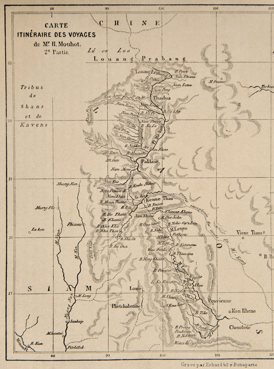 Karte von Laos und dem Mekong-Fluss, die die Route der Reise von Henri Mouhot zeigt, Illustration aus Reisen in den zentralen Teilen von Indochina (Siam), Kambodscha und Laos in den Jahren 1858, 1859 von French School