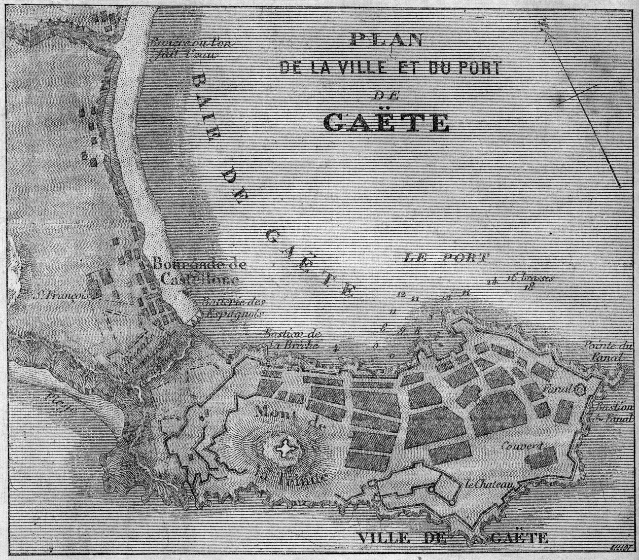 Karte der Stadt und des Hafens von Gaeta, Italien. von French School