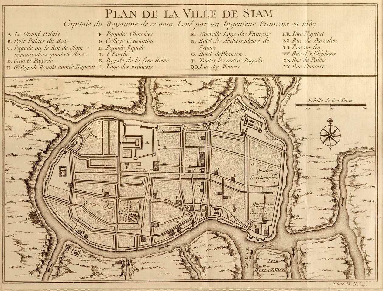 Karte der Stadt Siam, Hauptstadt des gleichnamigen Königreichs, nach einer Vermessung eines französischen Ingenieurs im Jahr 1687, veröffentlicht in der Ausgabe von 1751 von Histoire Generale des Voyages von Antoine Prevost von French School