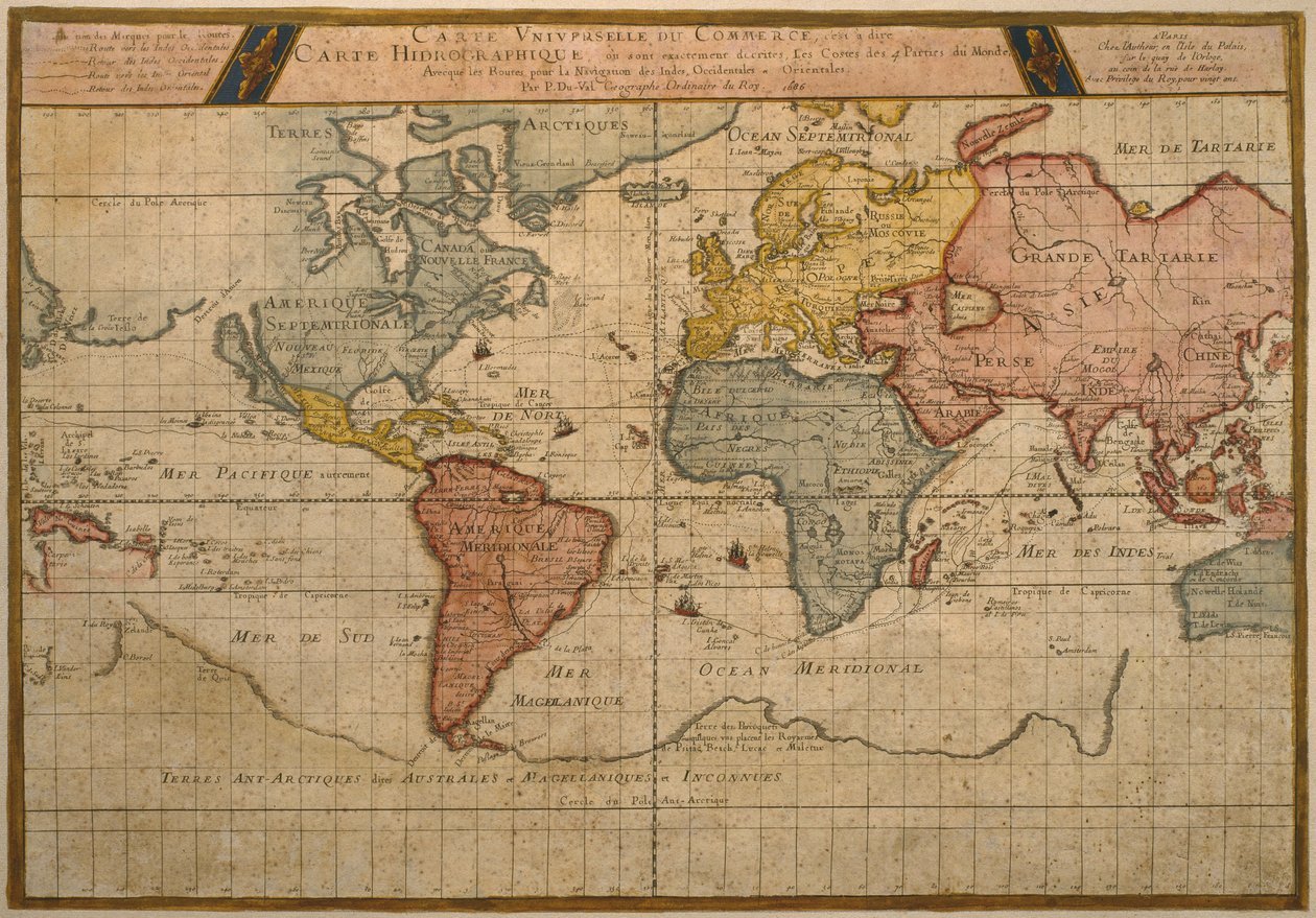 Karte der Welthandelsrouten, Kartographie von Pierre Duval, veröffentlicht 1686, Paris (Farbstich) von French School