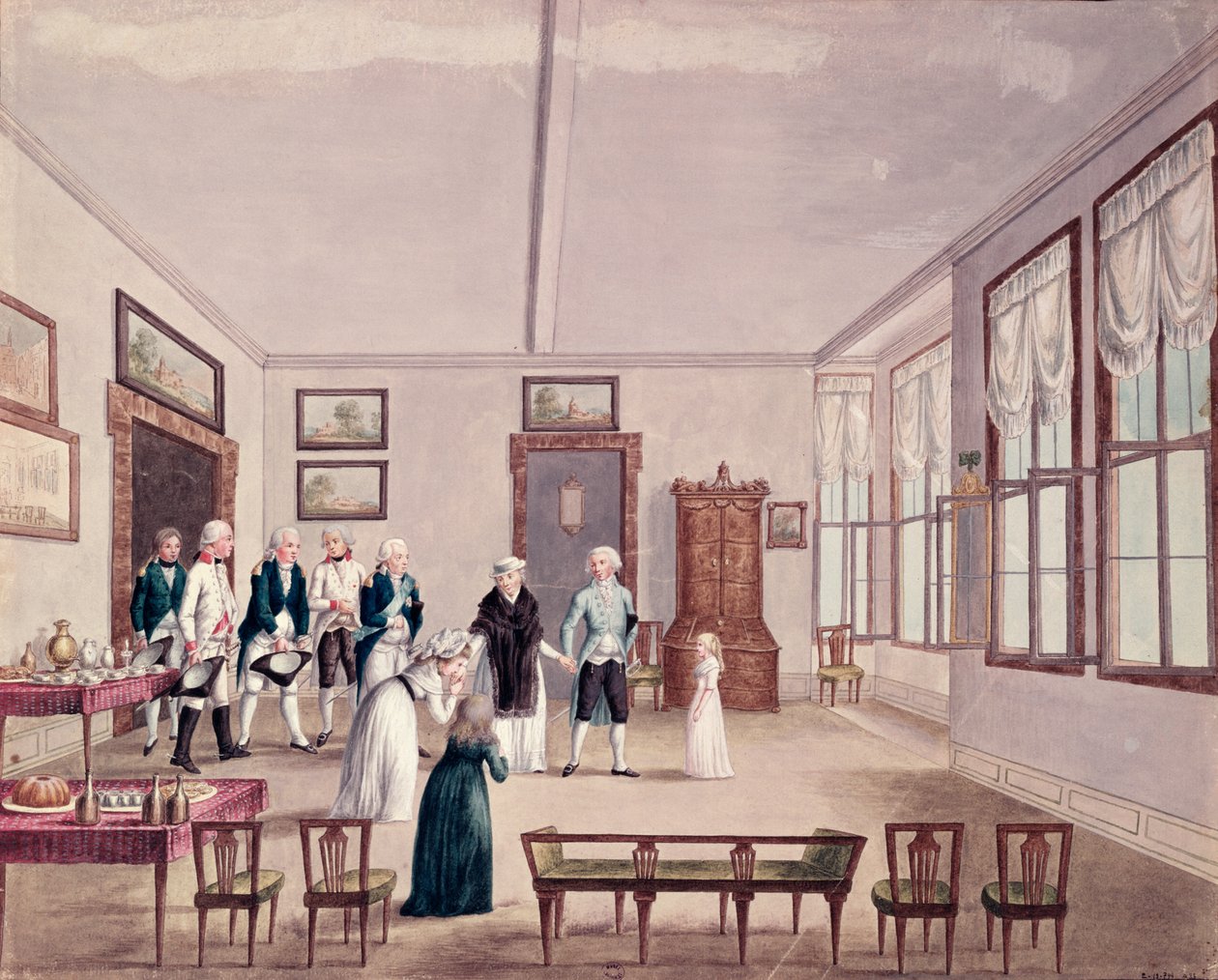 Marie-Thérèse-Charlotte de Bourbon, Madame Royale, trifft ihre Cousins Kaiser Franz II. von Österreich und seine Frau Maria Teresa in Wien nach ihrer Freilassung 1795 aus der Haft in Paris, ca. 1796 von French School