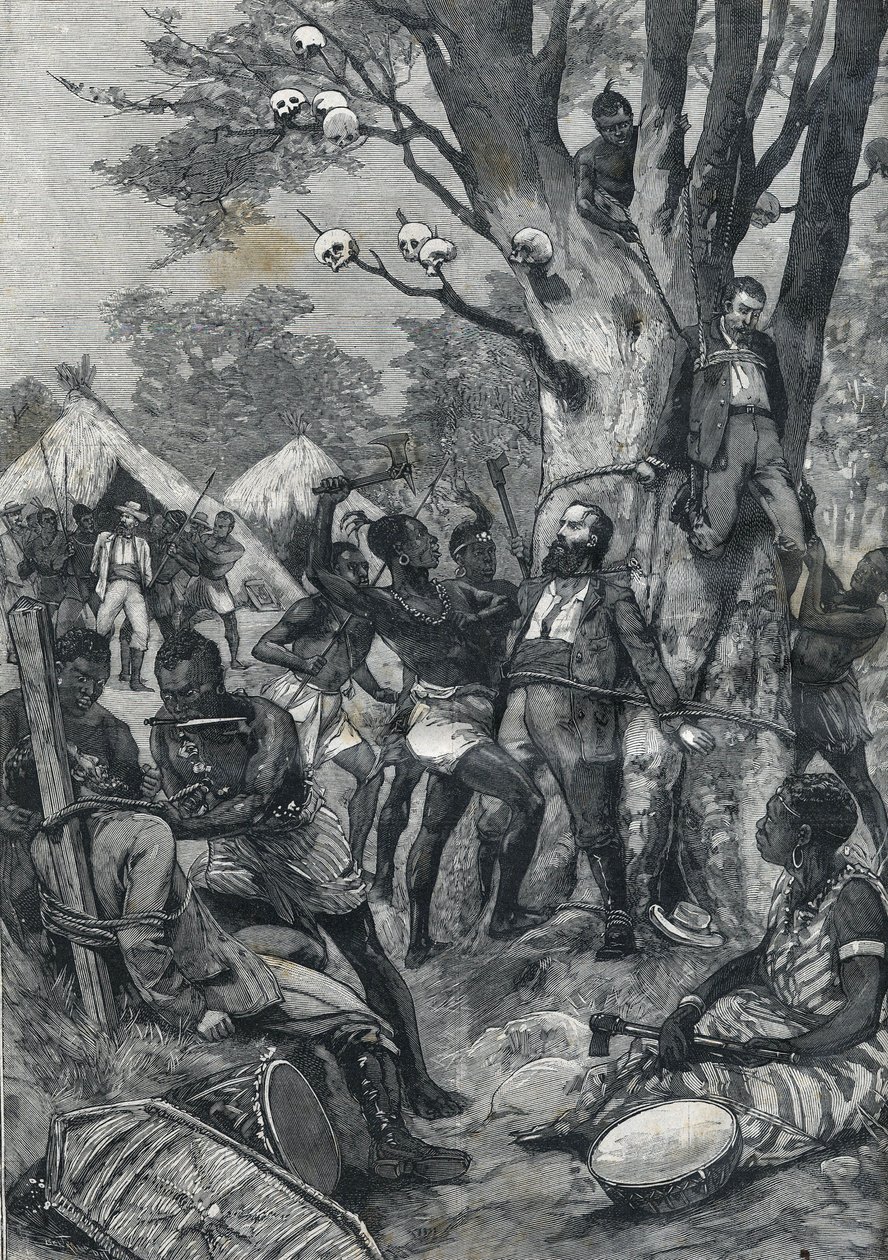 Massaker im Kongo: Europäer werden von Kannibalen gefoltert. In „Le petit Parisien“ von 1898. von French School