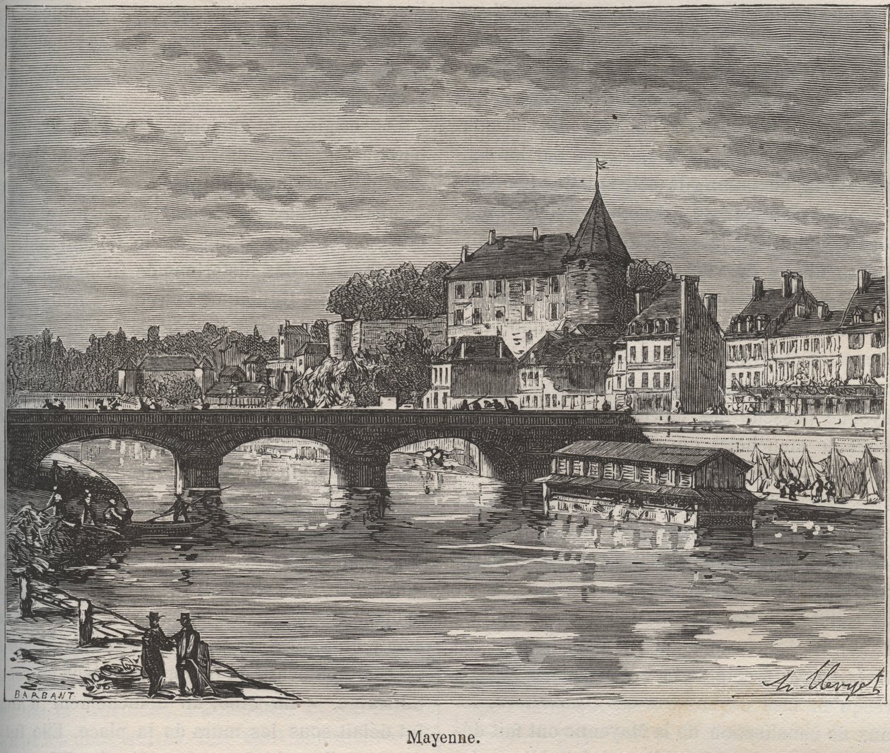 Mayenne ist eine Gemeinde im Westen Frankreichs in der Region Pays de la Loire - Gravur in „La France Illustrée: Geographie, Geschichte, Verwaltung, Statistik“ von V.-A. Malt-Brown. 1884 von French School