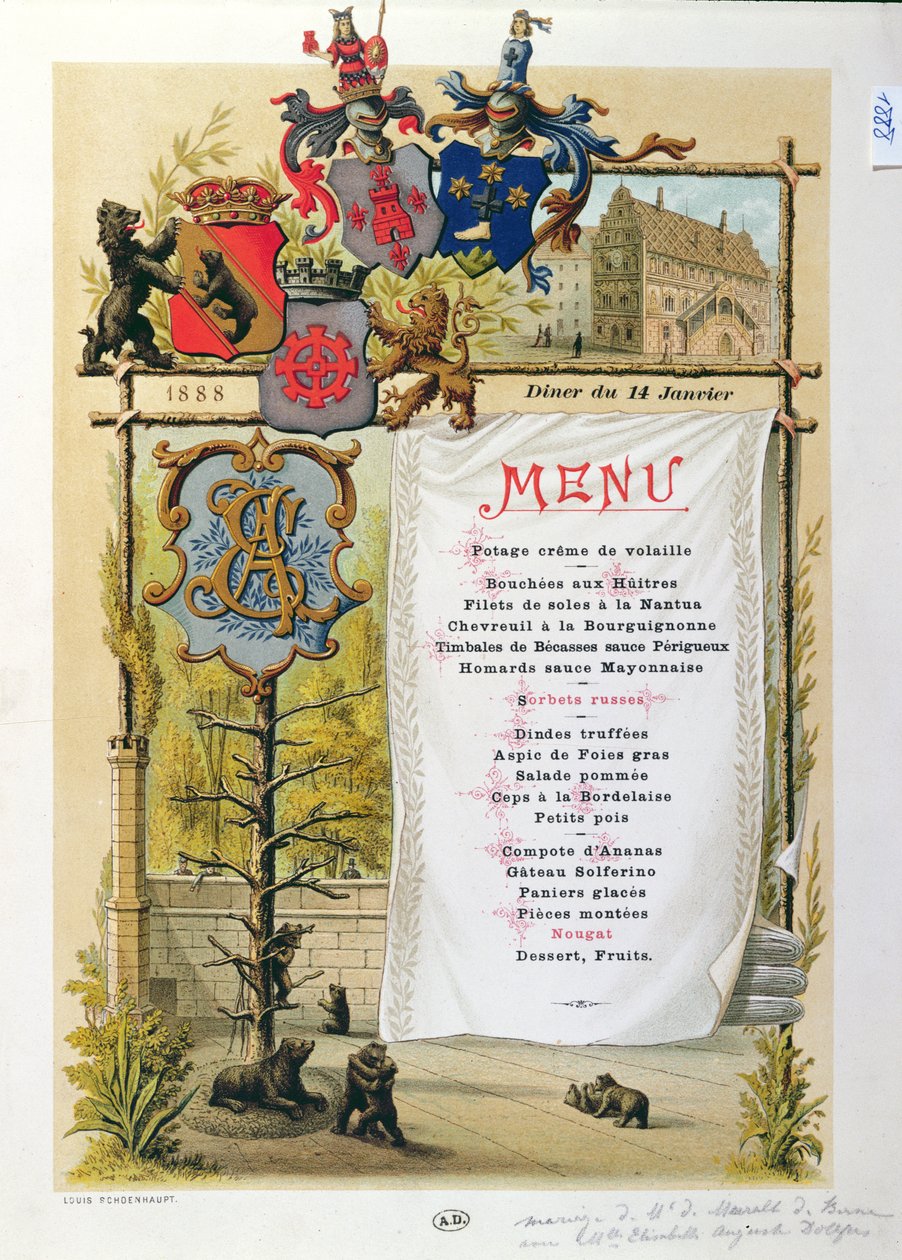 Menü, möglicherweise von Le Bernois, 14. Januar 1888 von French School