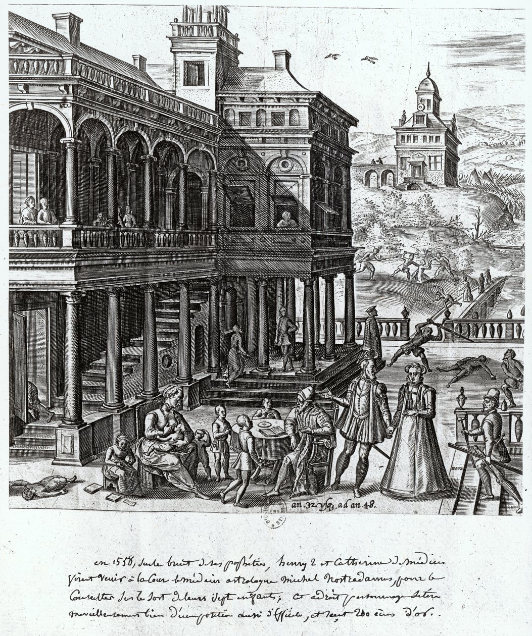 Michel de Nostradame (1503-66) wird zur Zukunft der sieben Kinder von Catherine de Medici (1519-89) und Henri II (1519-59) befragt, 1548 von French School