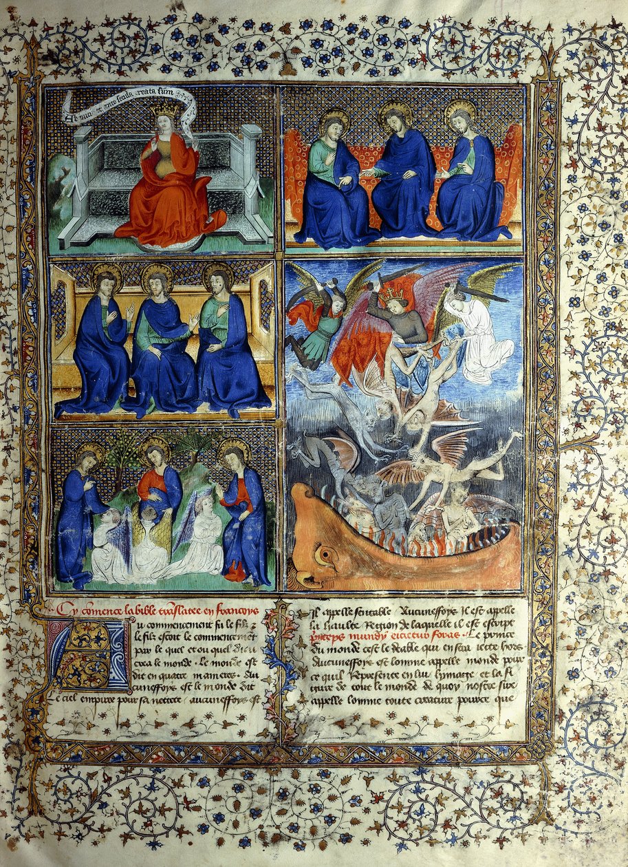 Miniatur, die das Himmelreich vor der Schöpfung darstellt: Sapientia, die Dreifaltigkeit und die Vertreibung Luzifers aus dem Himmel, ca. 1410 von French School
