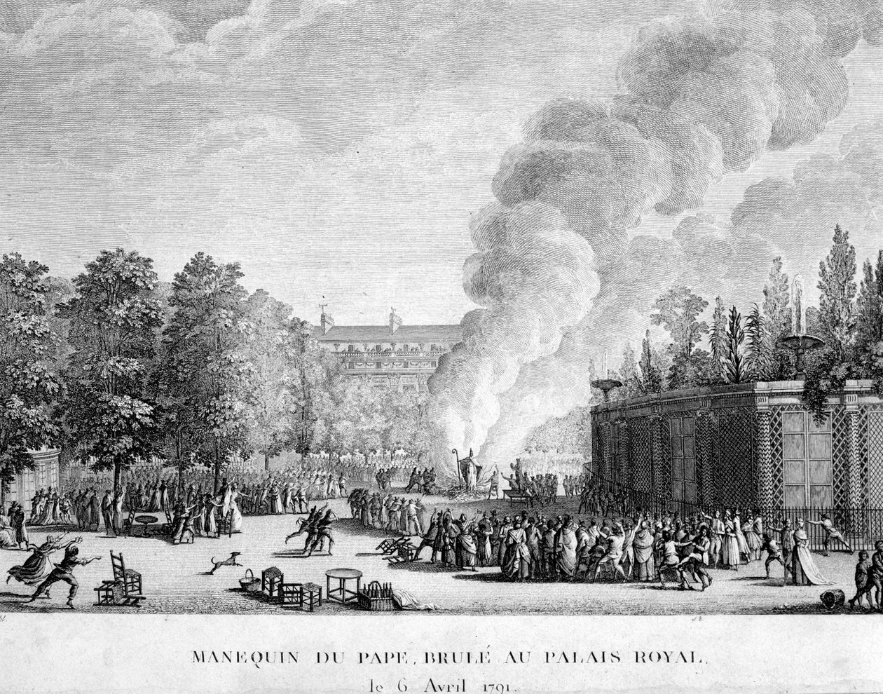 Modell des Papstes verbrannt im Königspalast, 6. April von French School