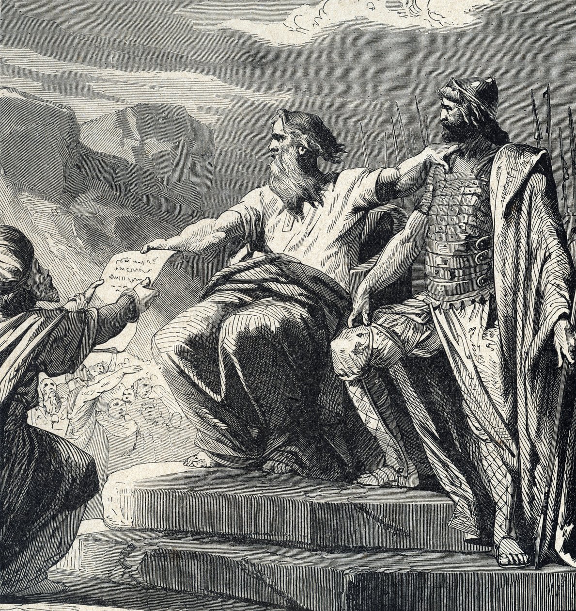 Moses befiehlt dem Volk Israel, die Autorität von Josua anzuerkennen (Moses wählt Josua als seinen Nachfolger) von French School
