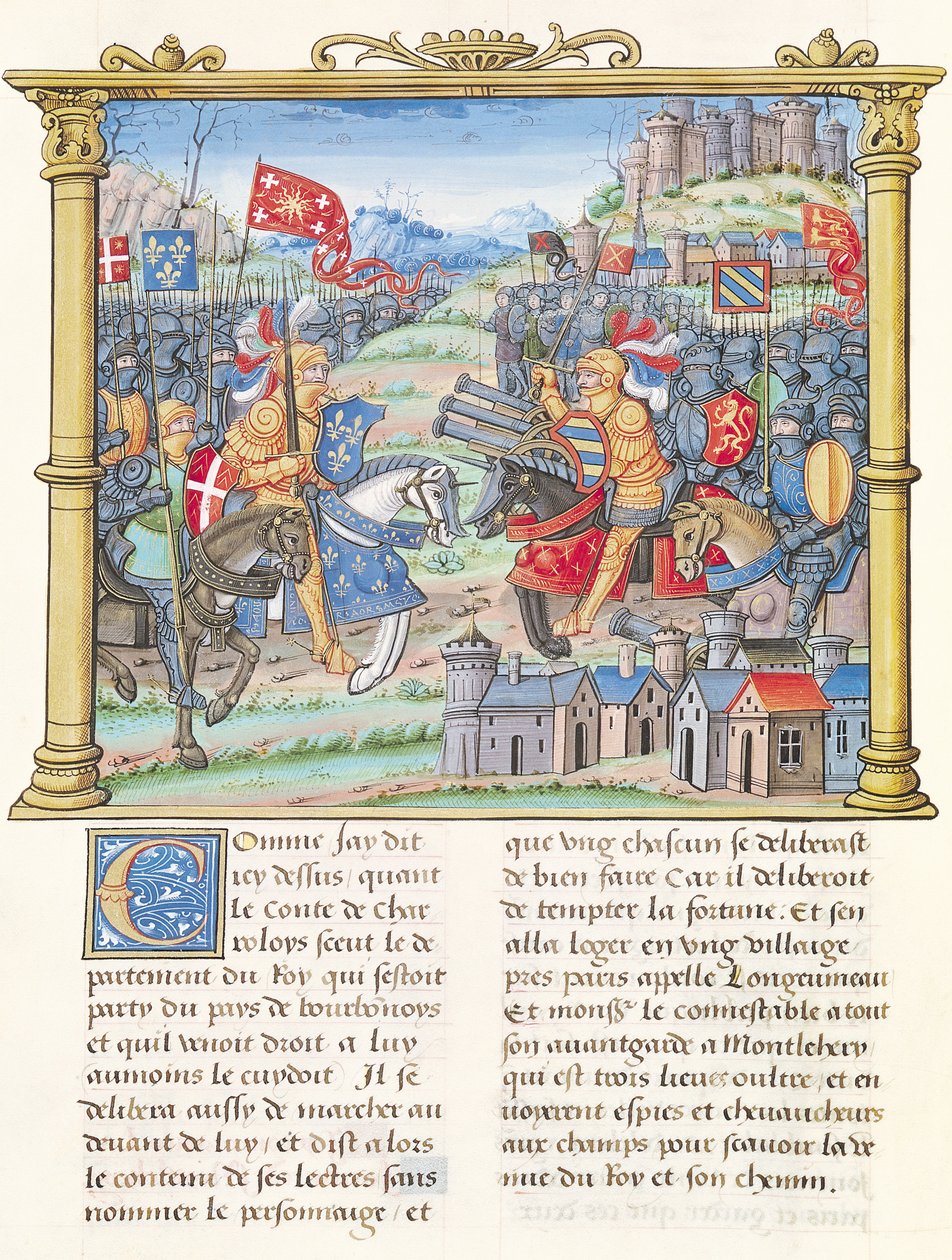 Ms.18 f.7v Schlacht von Montlhéry während des Krieges der Liga des öffentlichen Wohls, 14. Juli 1465, aus den Memoiren von Philippe von Commines (1445-1509) von French School