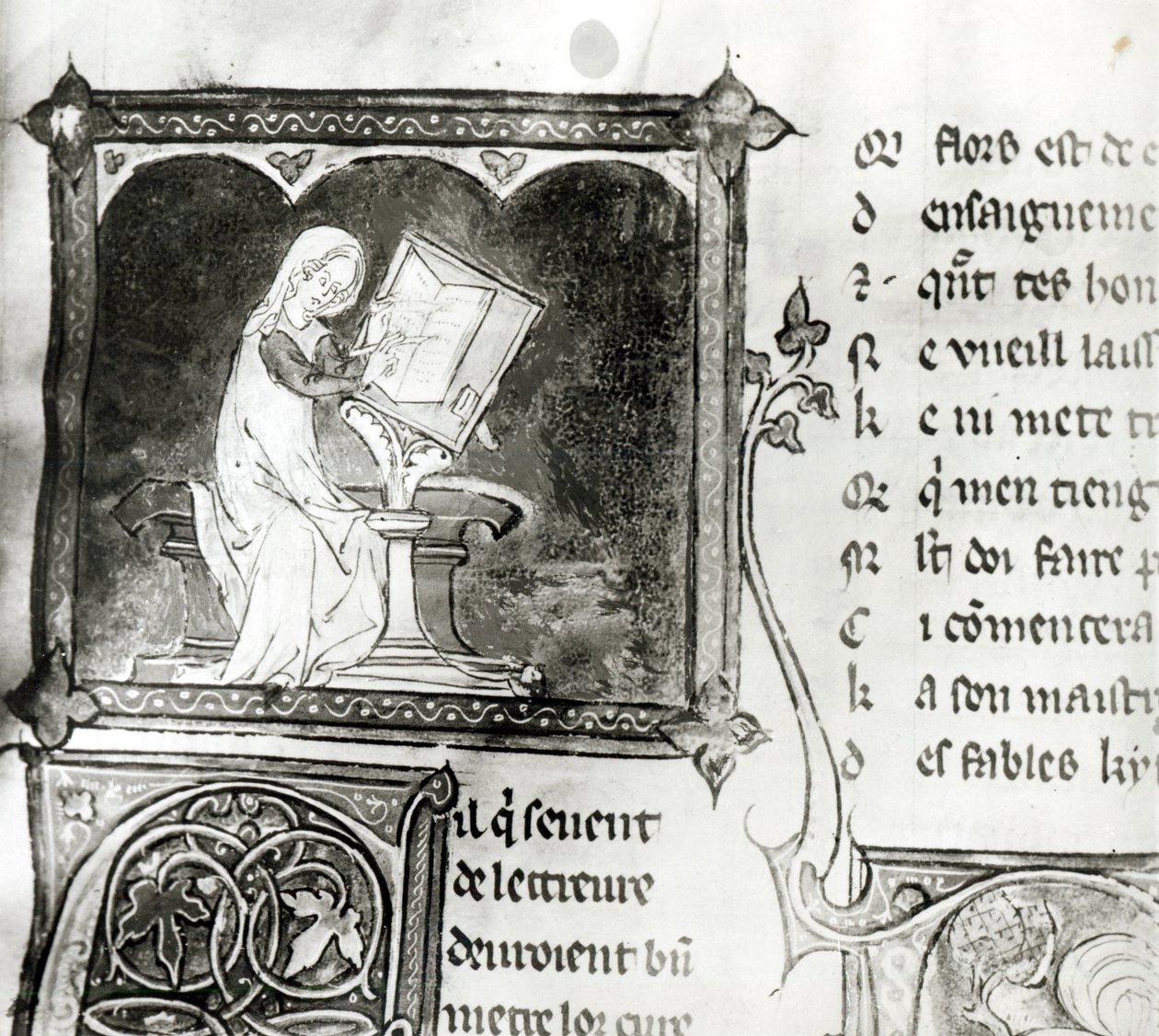 Marie de France (fl. 12. Jahrhundert) schreibt, aus einer Anthologie französischer Gedichte, ca. 1280-90 (Detail) von French School