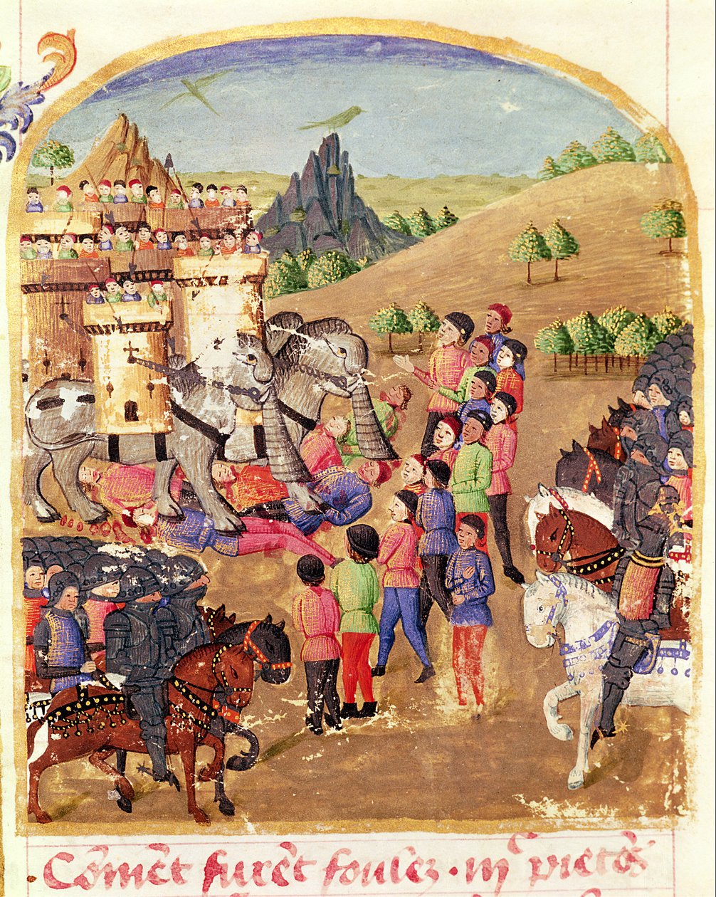Ms 1335 fol.217 Die Kriegselefanten, aus Vie d