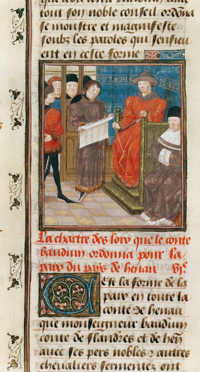 Ms. 149t.3 fol.175 v Charta der Gesetze, die Graf Baudouin VI. von Hainault für den Frieden des Landes Hainault anordnet von French School