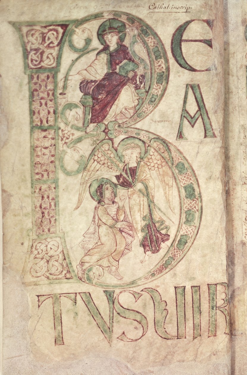 Historiierte Initiale B, die den Evangelisten Johannes und einen Engel zeigt, aus dem Psalter von Corbie von French School