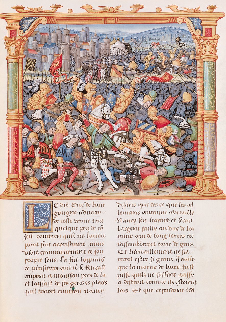 Ms 18 fol.150r Schlacht von Nancy 1477, aus den Memoires de Philippe de Commines von French School