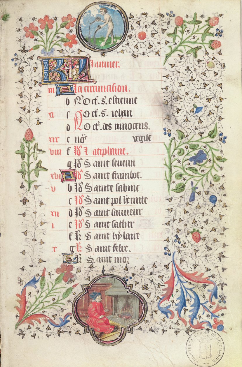 Januar: Wassermann und ein Mann, der sich am Herd wärmt, aus einem Stundenbuch, frühes 15. Jahrhundert von French School