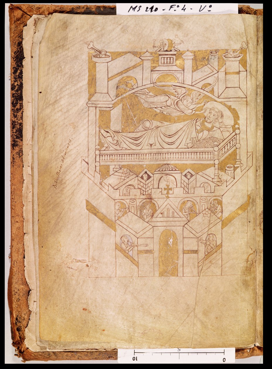 Ms 210 fol.4v Die Vision des Heiligen Aubert, aus dem Cartulaire de Mont-Saint-Michel, 1150er Jahre von French School