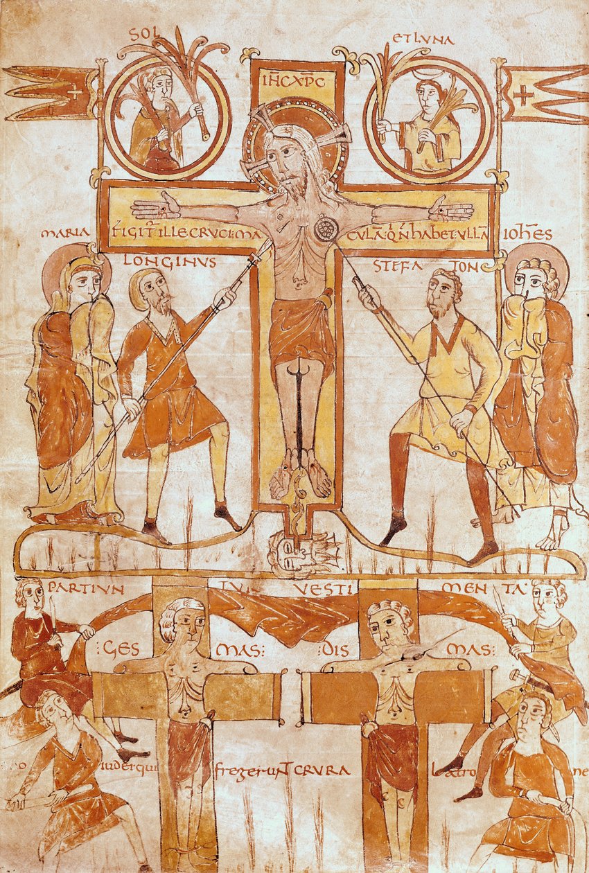 Ms 24 fol.7v Die Kreuzigung und die Verteilung der Kleider des Erlösers, aus einem Evangelium von French School