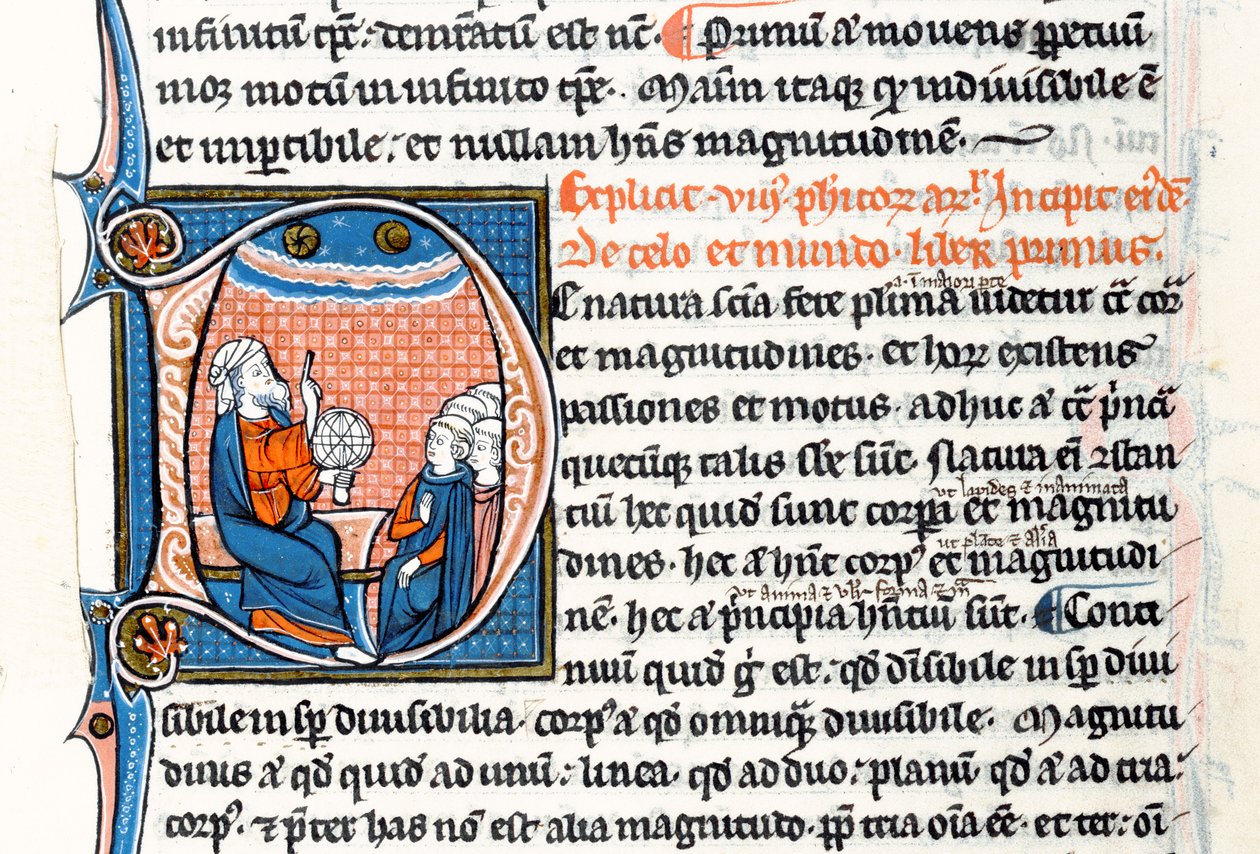 Ms 3458 fol 62vo Historisierte Initiale D, die Aristoteles zeigt, wie er eine Armillarsphäre hält und zum Himmel zeigt, während er eine Gruppe von Klerikern aus Westeuropa unterrichtet von French School