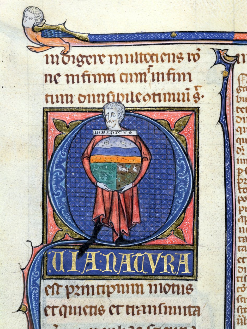 Ms 3469 Philosoph hält eine Kugel mit den vier Elementen, aus der Physik von Aristoteles (384-322 v. Chr.) (Feder, Tinte & Tempera auf Pergament) von French School