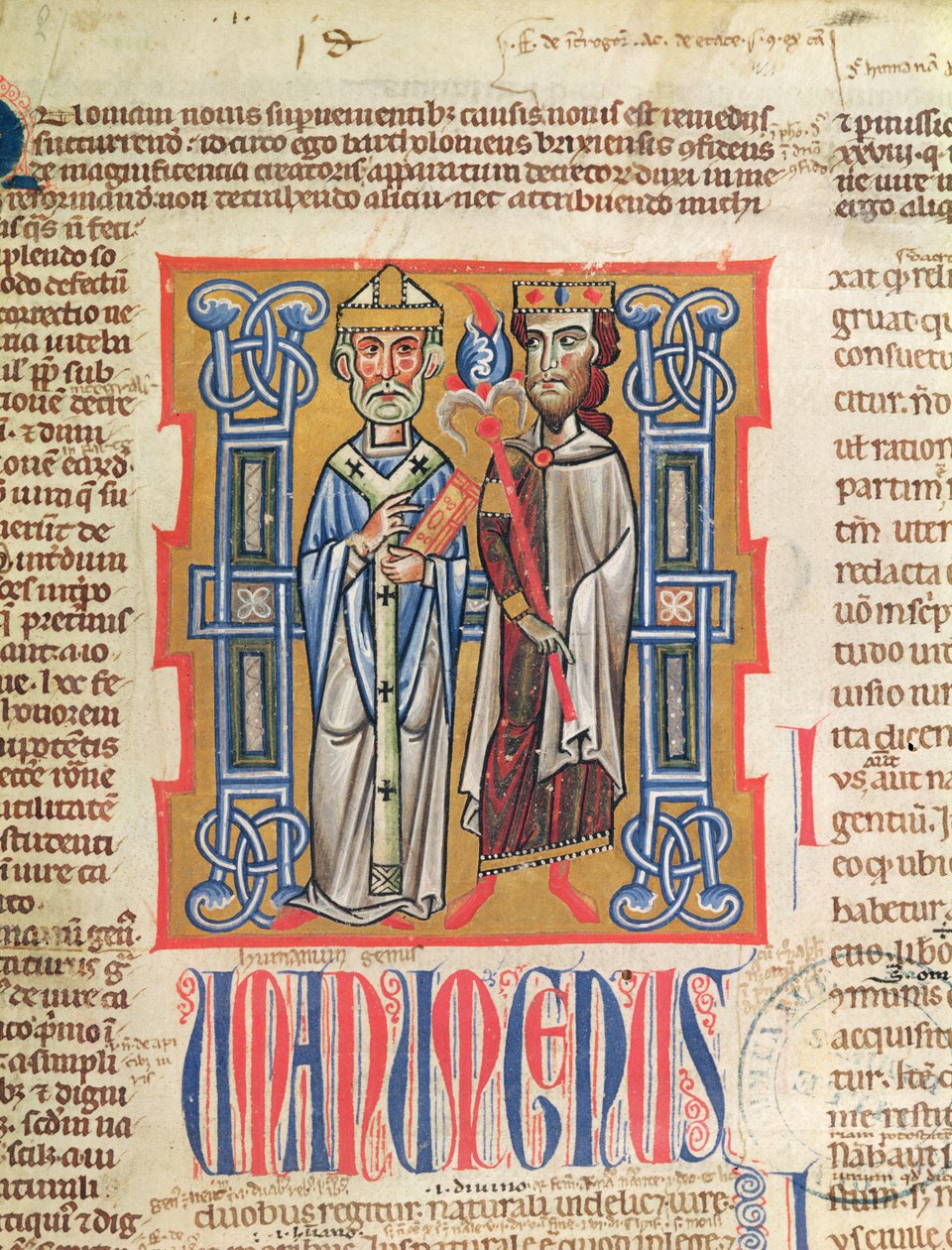 Ms 354 fol.9 Miniatur eines Bischofs und Königs aus dem Decretum Gratiani, 14. Jahrhundert von French School