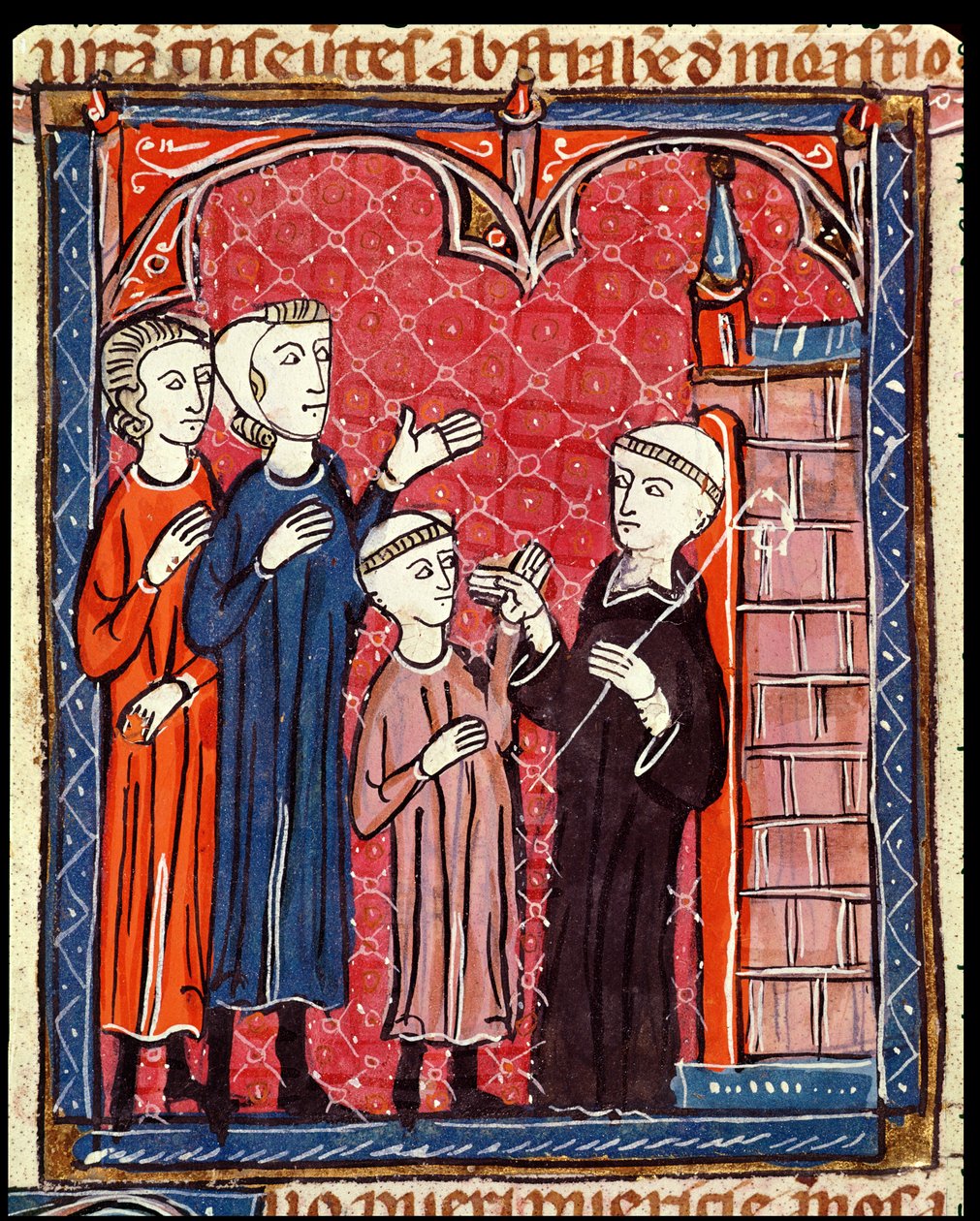 Ein Kind wird von seinen Eltern in ein Kloster gebracht, aus Decrets de Gratien von French School