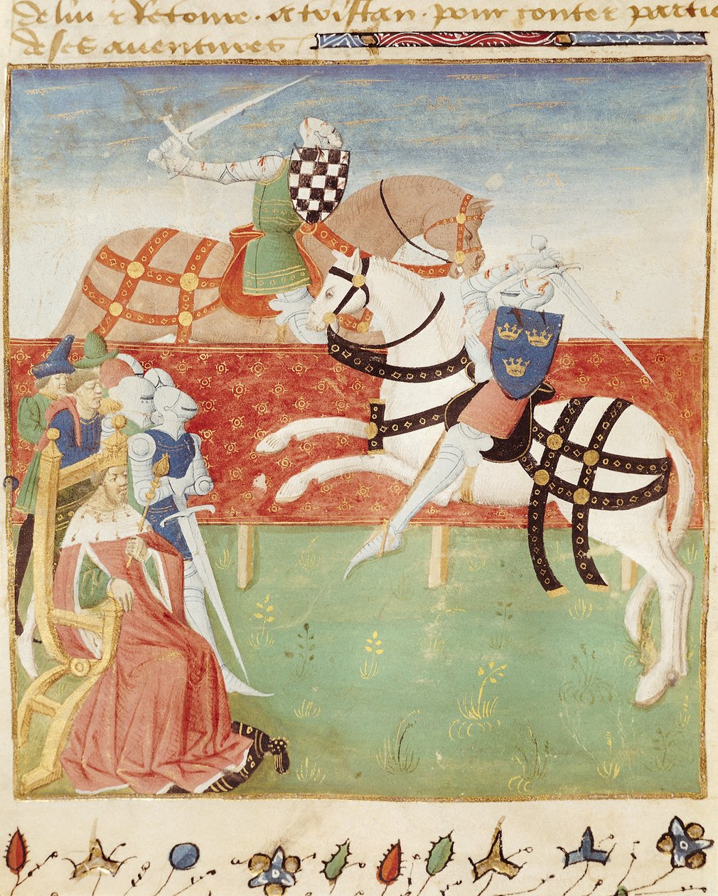 Ms 527 fol.40v Konfrontation von zwei Rittern vor dem König, aus Roman du Saint Graal von French School