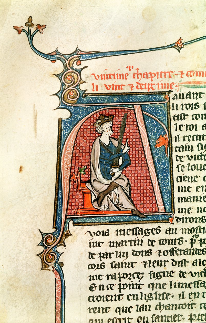 Ms 682 fol.17v Historisierte Initiale A, die einen sitzenden König mit einem zweischneidigen Schwert darstellt von French School