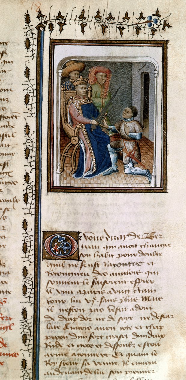 Ms 814 f.125r Bertrand du Guesclin (1320-80) vom König zum Ritter geschlagen, aus der Histoire de Du Guesclin von French School
