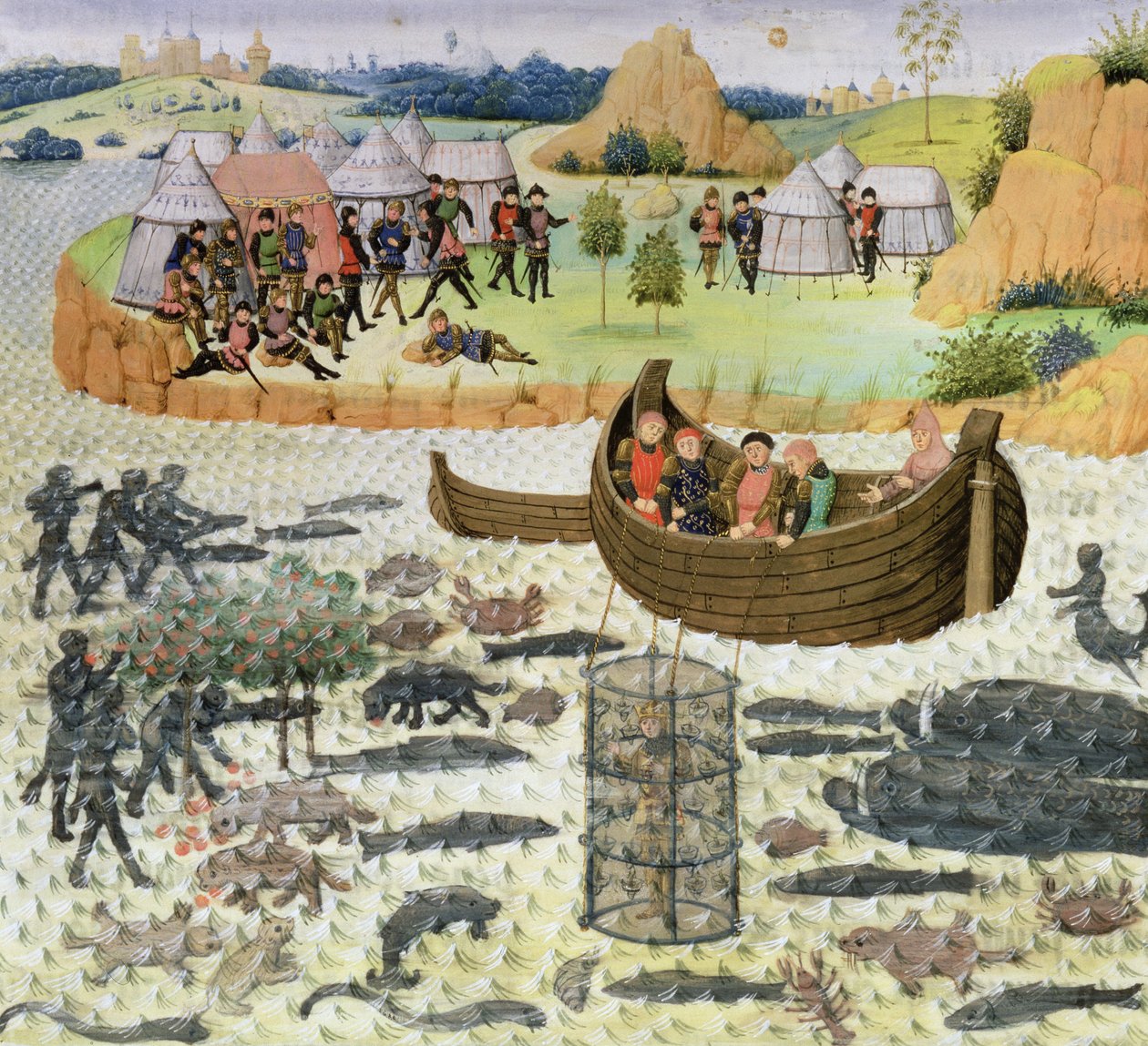 Alexander der Große (356-323 v. Chr.) benutzt eine Taucherglocke von French School