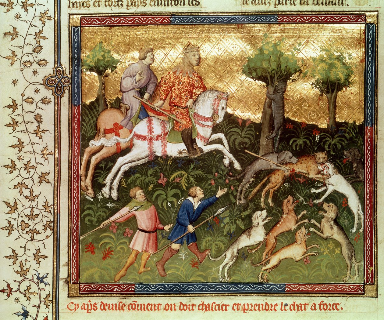 Hunde greifen einen Leoparden an, aus einem Buch von Gaston Phebus de Foix von French School
