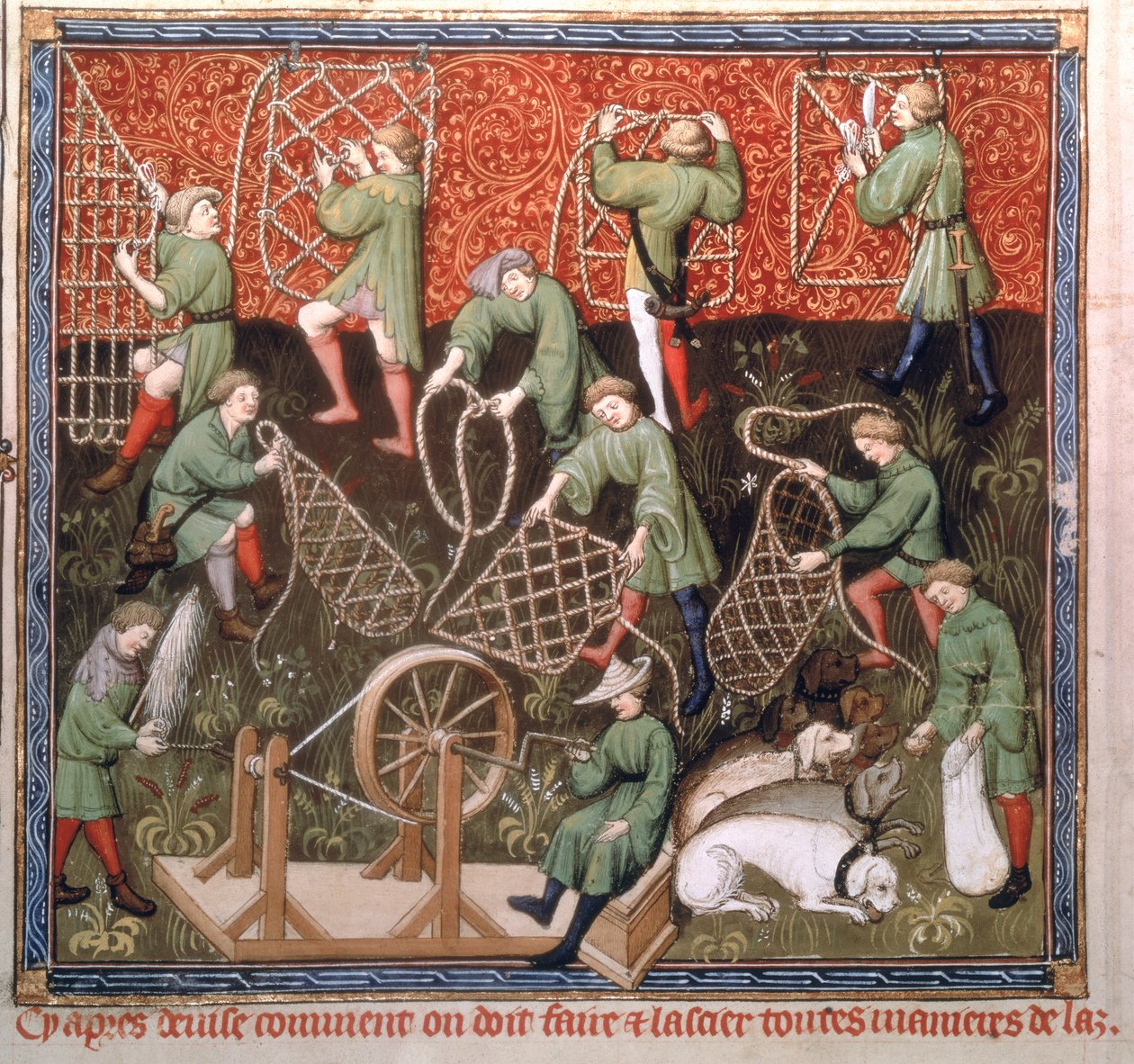Männer mit Netzen, aus dem Livre de la Chasse von Gaston Phebus de Foix (1331-91), frühes 15. Jahrhundert von French School
