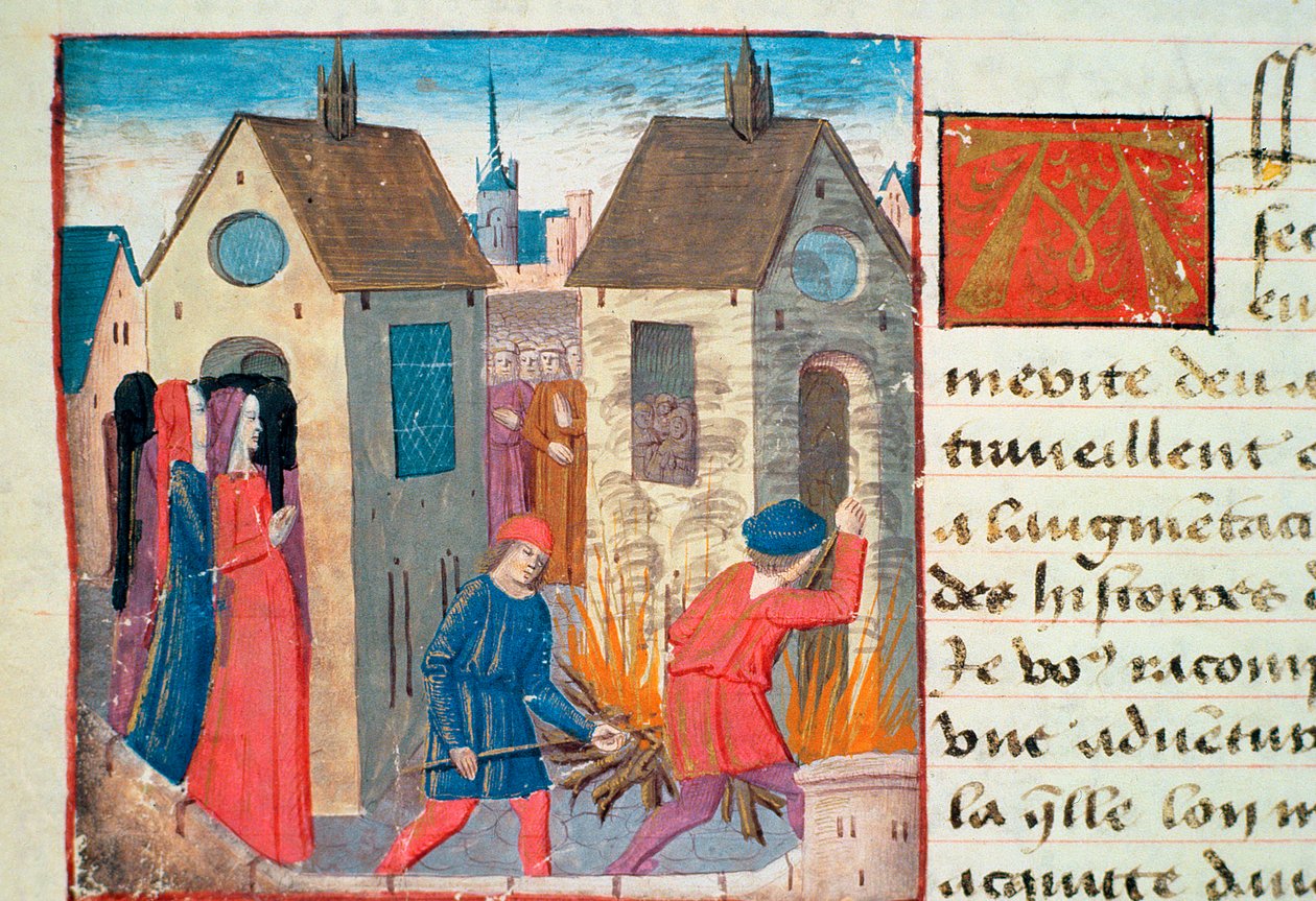 Ms Hunter 252 f.75v Ein Haus brennen, aus Les Cent Nouvelles Nouvelles ...