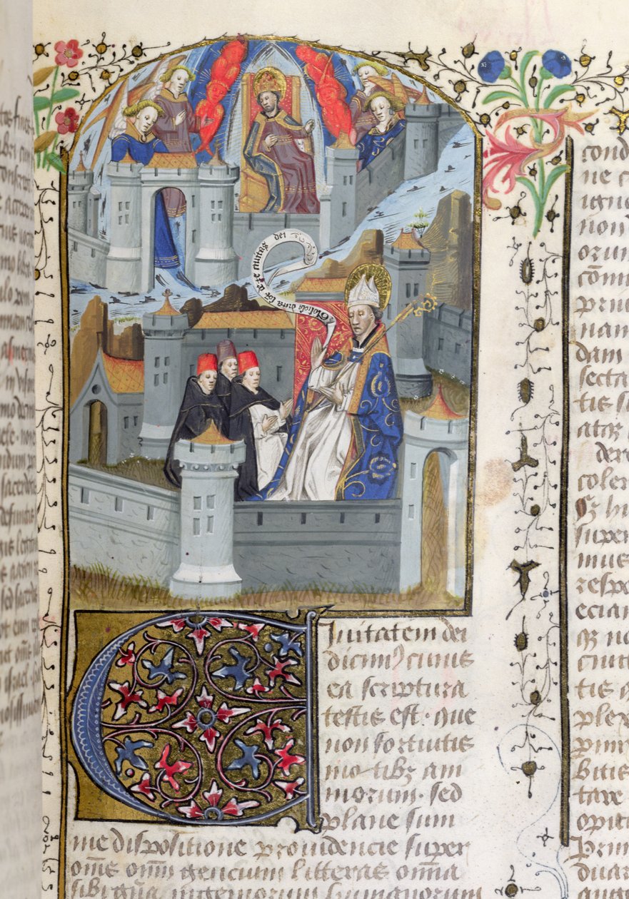Ms Lat 592 f.127 Jerusalem und Babylon, aus La Cite de Dieu von St. Augustinus von French School