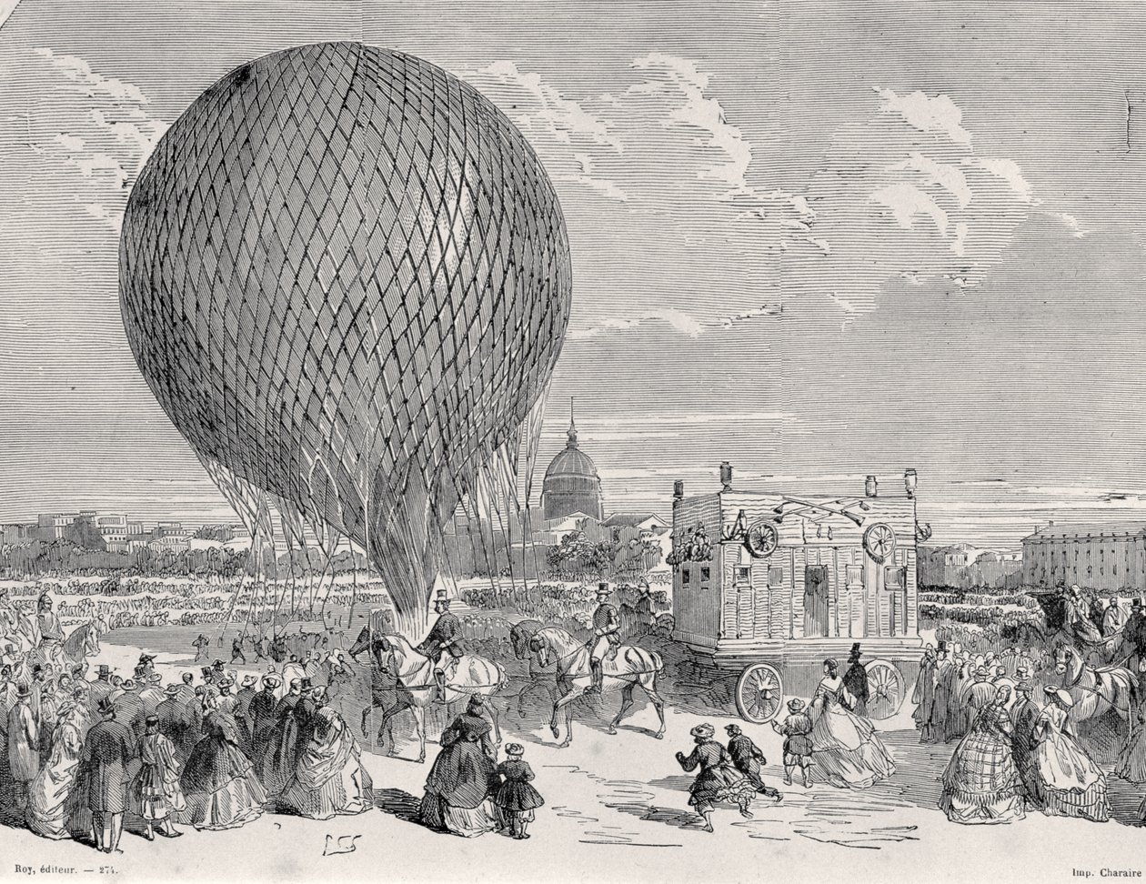 Nadars Ballon, Le Géant, wird am Champ de Mars in Paris für seinen ersten Flug am 4. Oktober 1863 vorbereitet, Illustration aus Paris a Travers Les Siecles: Tome 5, 1889 von French School