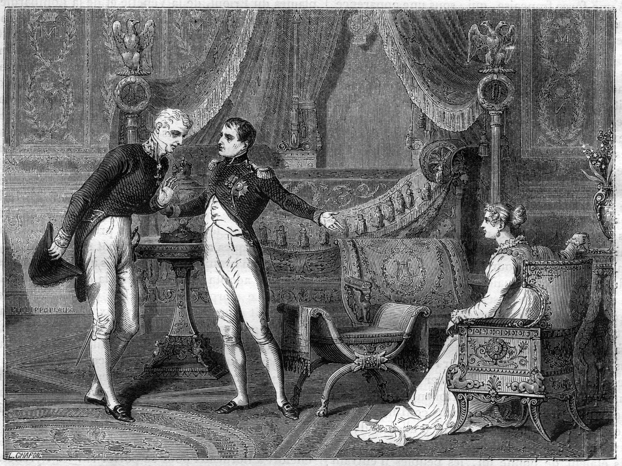 Napoleon, seine Frau Marie-Louise und Prinz Metternich im Gespräch von French School